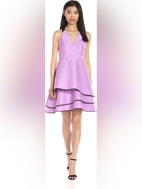 Halston Heritage Women's Purple Halter Neck Dress with Layered Skirt Cotton Silk